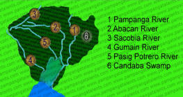 Index: 1 Pampanga River 2 Abacan River 3 Sacobia River 4 Gumain River   5 Pasig Potrero River 6 Candaba Swamp